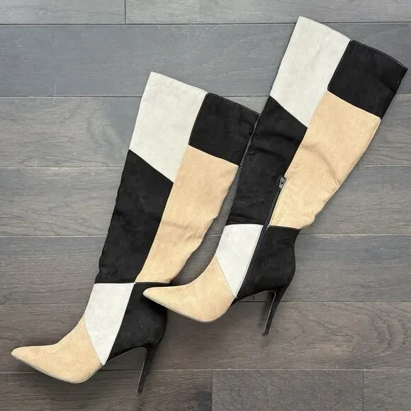 JustFab Faux Suede Patchwork Knee High Heel Boots Womens 10 Black Tan Y2K 90s - Picture 1 of 13